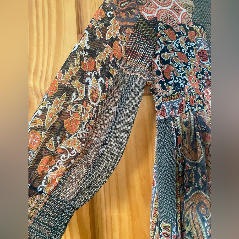Zara Boho Patchwork Midi Dress Sheer Long Sleeve Smocked Waist Paisley M - Picture 6 of 11